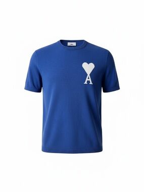Ami Royal Blue Short Sleeve Knit Tee with White Heart A Motif